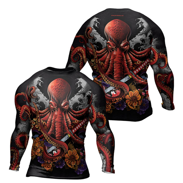 Rashninja Octopus Black Red Men's Long Sleeve Rash Guard | jiu jitsu