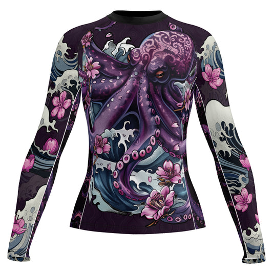 Rashninja Octopus Sakura Purple Women's Long Sleeve Rash Guard