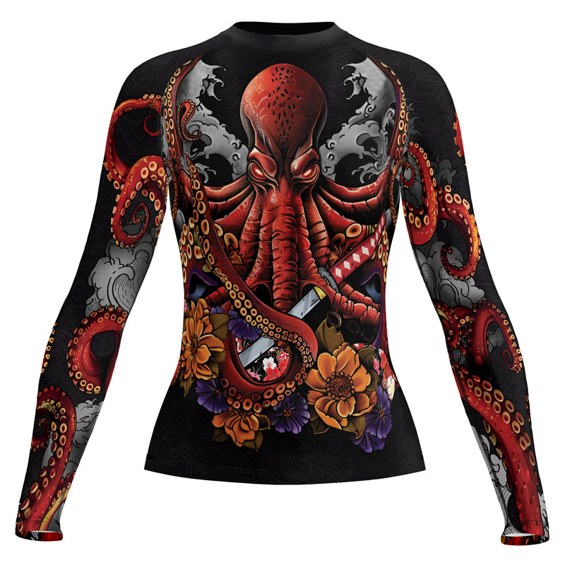 Rashninja Octopus Black Red Women's Long Sleeve Rash Guard
