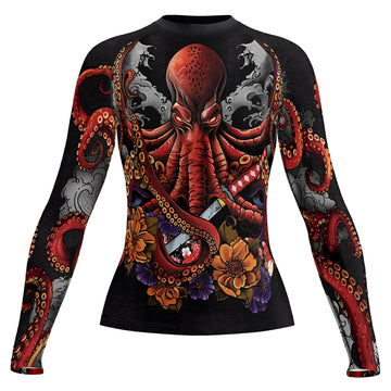 Rashninja Octopus Black Red Women's Long Sleeve Rash Guard