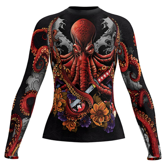 Rashninja Octopus Black Red Women's Long Sleeve Rash Guard