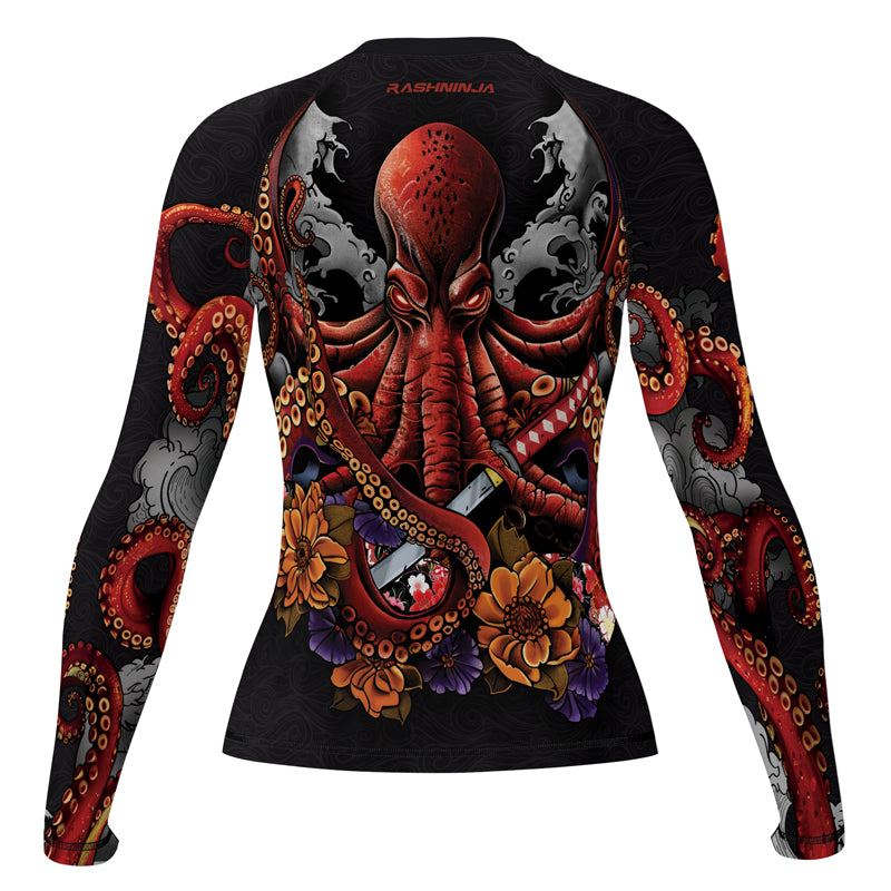 Rashninja Octopus Black Red Women's Long Sleeve Rash Guard | Surfing
