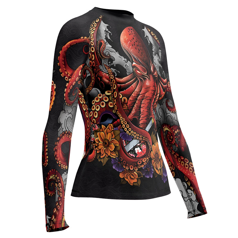 Requin Rash Guard Rashninja Octopus Black Red Women's Long Sleeve Rash Guard | Surfing