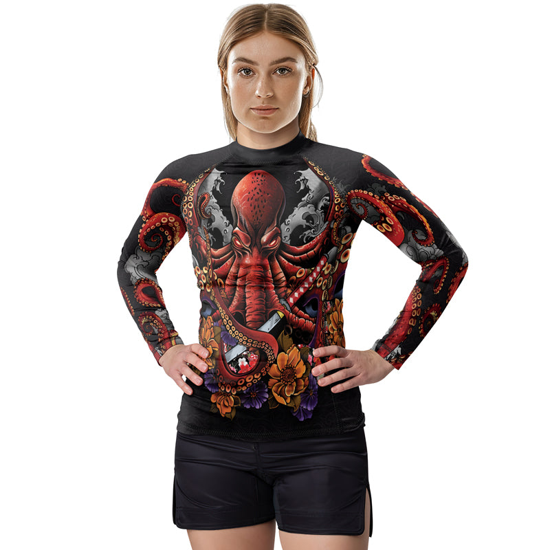 Requin Rash Guard Rashninja Octopus Black Red Women's Long Sleeve Rash Guard | Surfing