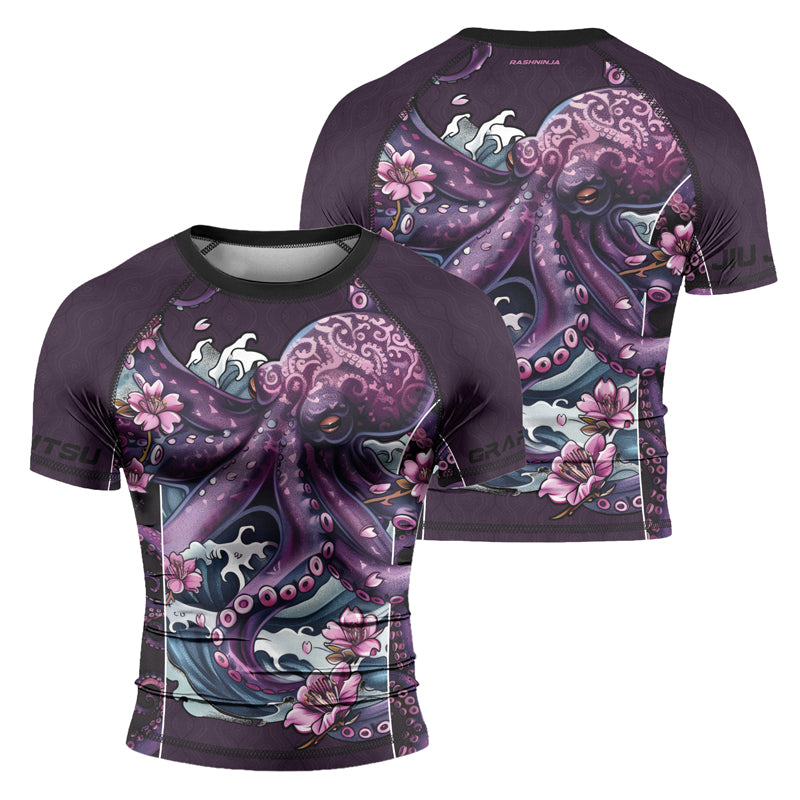 Rashninja Octopus Sakura Purple Men's Short Sleeve Rash Guard