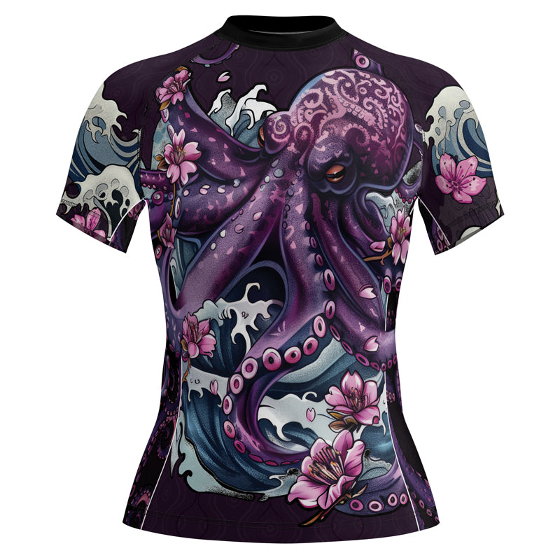 Rashninja Octopus Sakura Purple Women's Short Sleeve Rash Guard