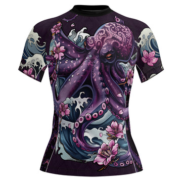 Rashninja Octopus Sakura Purple Women's Short Sleeve Rash Guard