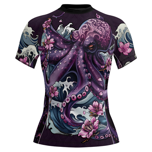 Rashninja Octopus Sakura Purple Women's Short Sleeve Rash Guard