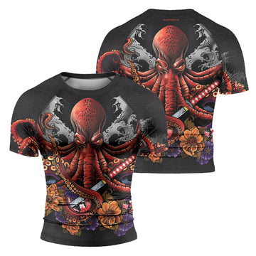 Rashninja Octopus Black Red Men's Short Sleeve Rash Guard