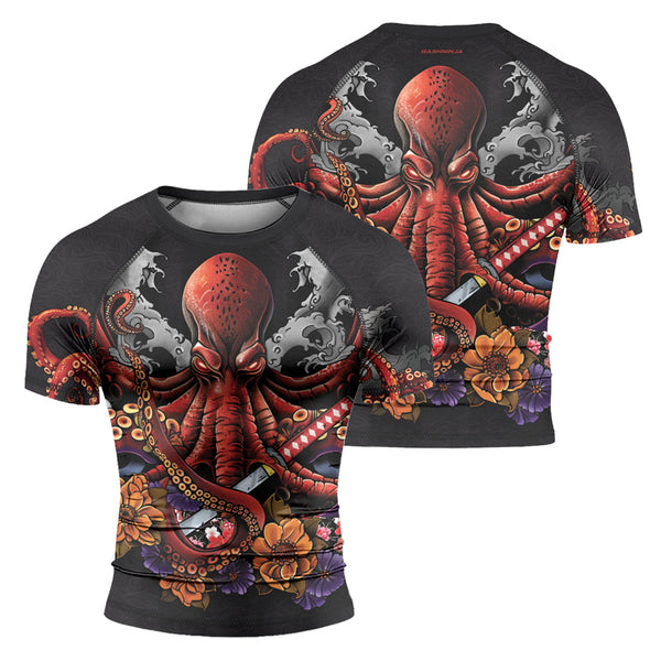 Rashninja Octopus Black Red Men's Short Sleeve Rash Guard | MMA