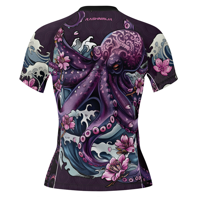 Rashninja Octopus Sakura Purple Women's Short Sleeve Rash Guard