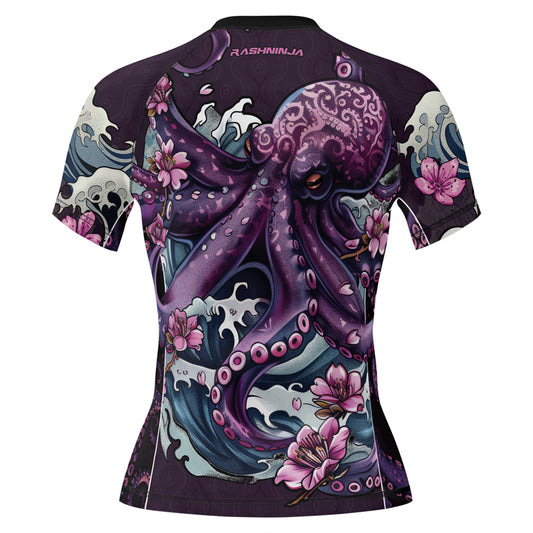 Rashninja Octopus Sakura Purple Women's Short Sleeve Rash Guard