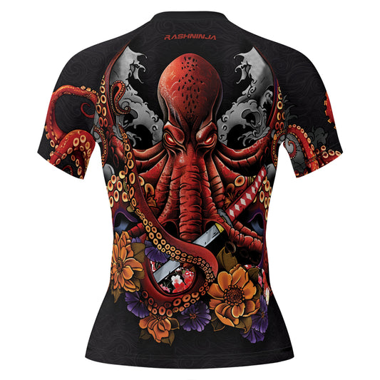 Rashninja Octopus Black Red Women's Short Sleeve Rash Guard