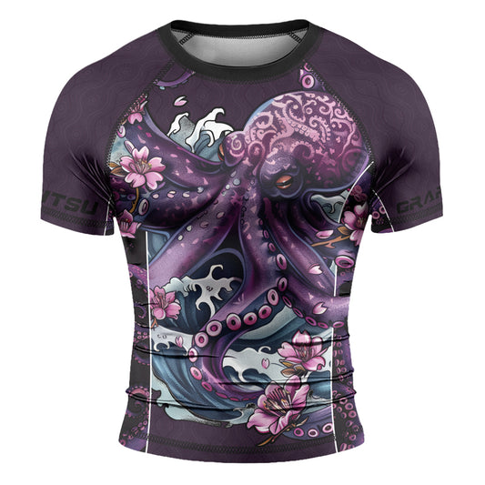 Rashninja Octopus Sakura Purple Men's Short Sleeve Rash Guard