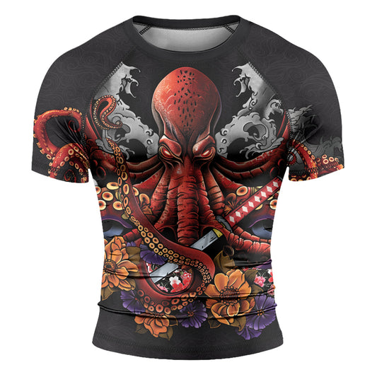 Rashninja Octopus Black Red Men's Short Sleeve Rash Guard
