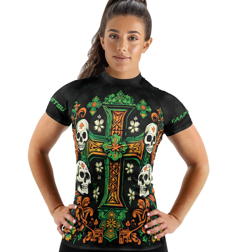 Rashninja Irish Skull Cross Shamrock Women's Short Sleeve Rash Guard