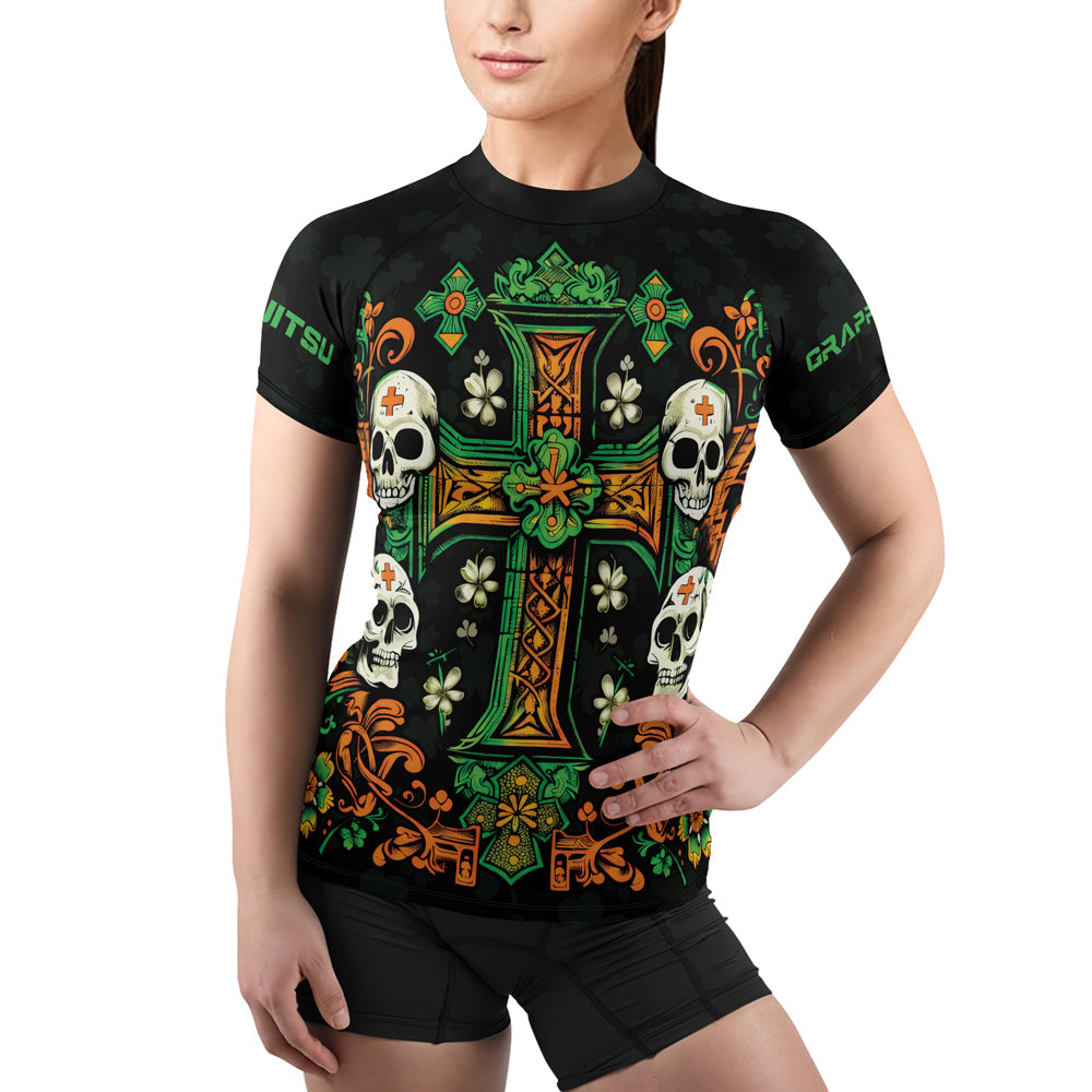 Rashninja Irish Skull Cross Shamrock Women's Short Sleeve Rash Guard
