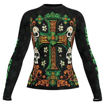 Rashninja Irish Skull Cross Shamrock Women's Long Sleeve Rash Guard