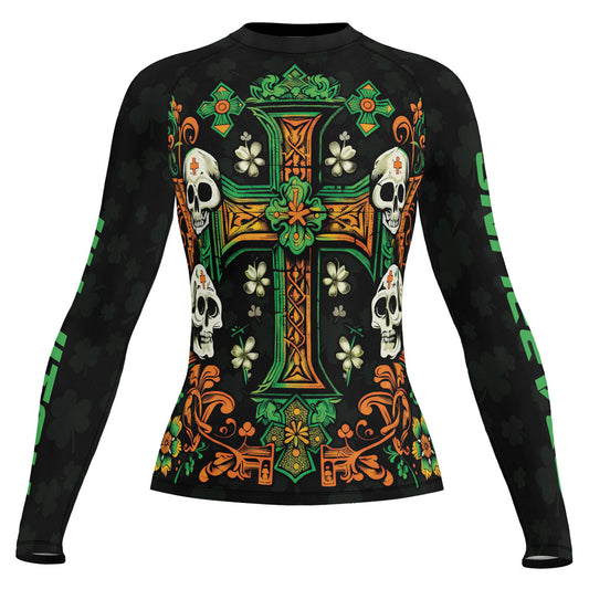 Rashninja Irish Skull Cross Shamrock Women's Long Sleeve Rash Guard
