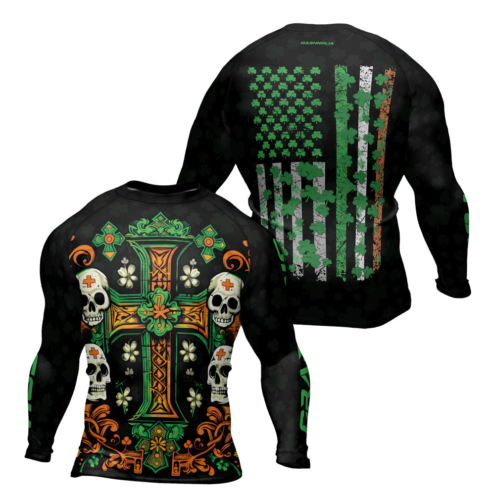 Rashninja Irish Skull Cross Shamrock Men's Long Sleeve Rash Guard