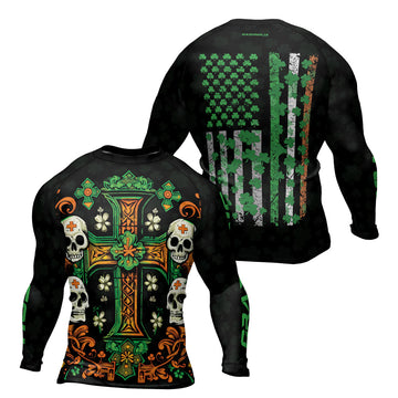 Rashninja Irish Skull Cross Shamrock Men's Long Sleeve Rash Guard