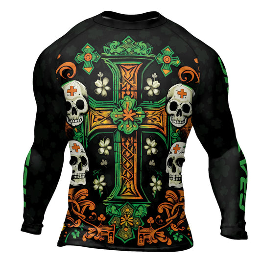 Rashninja Irish Skull Cross Shamrock Men's Long Sleeve Rash Guard