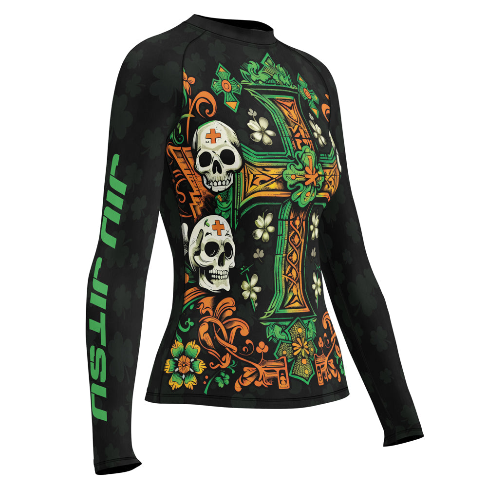 Rashninja Irish Skull Cross Shamrock Women's Long Sleeve Rash Guard