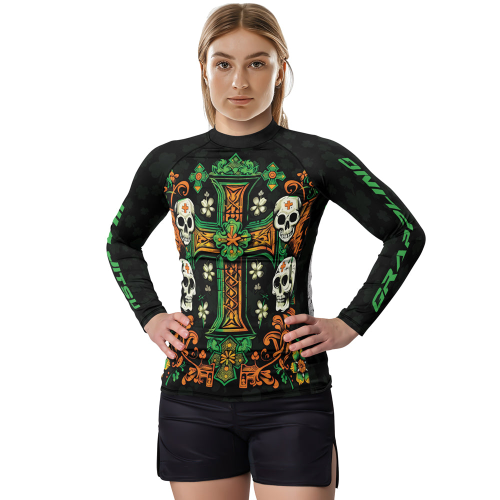 Rashninja Irish Skull Cross Shamrock Women's Long Sleeve Rash Guard
