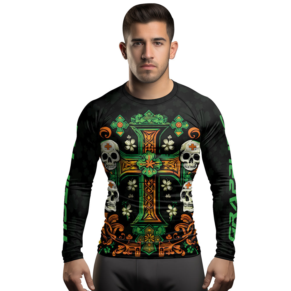Rashninja Irish Skull Cross Shamrock Men's Long Sleeve Rash Guard