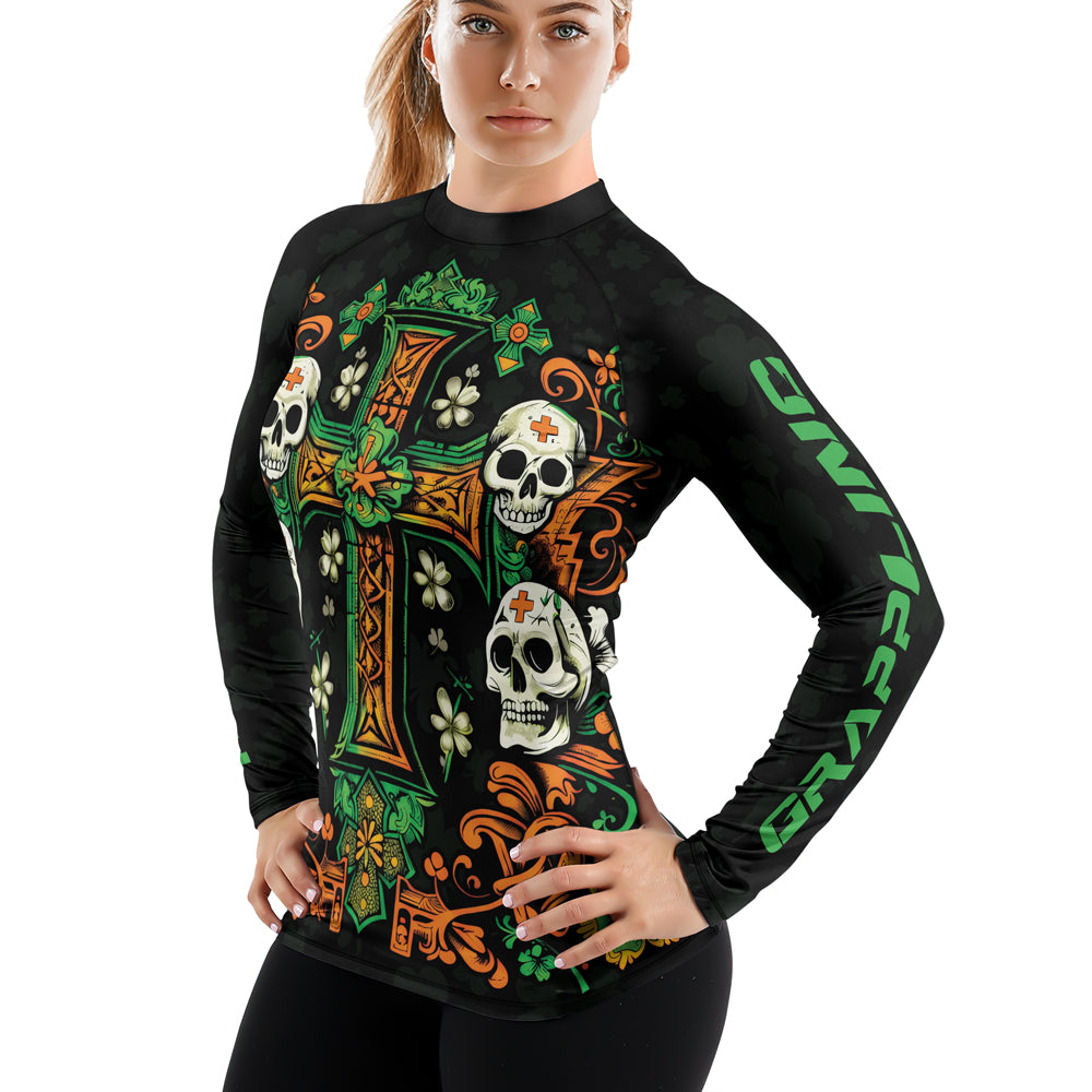 Rashninja Irish Skull Cross Shamrock Women's Long Sleeve Rash Guard