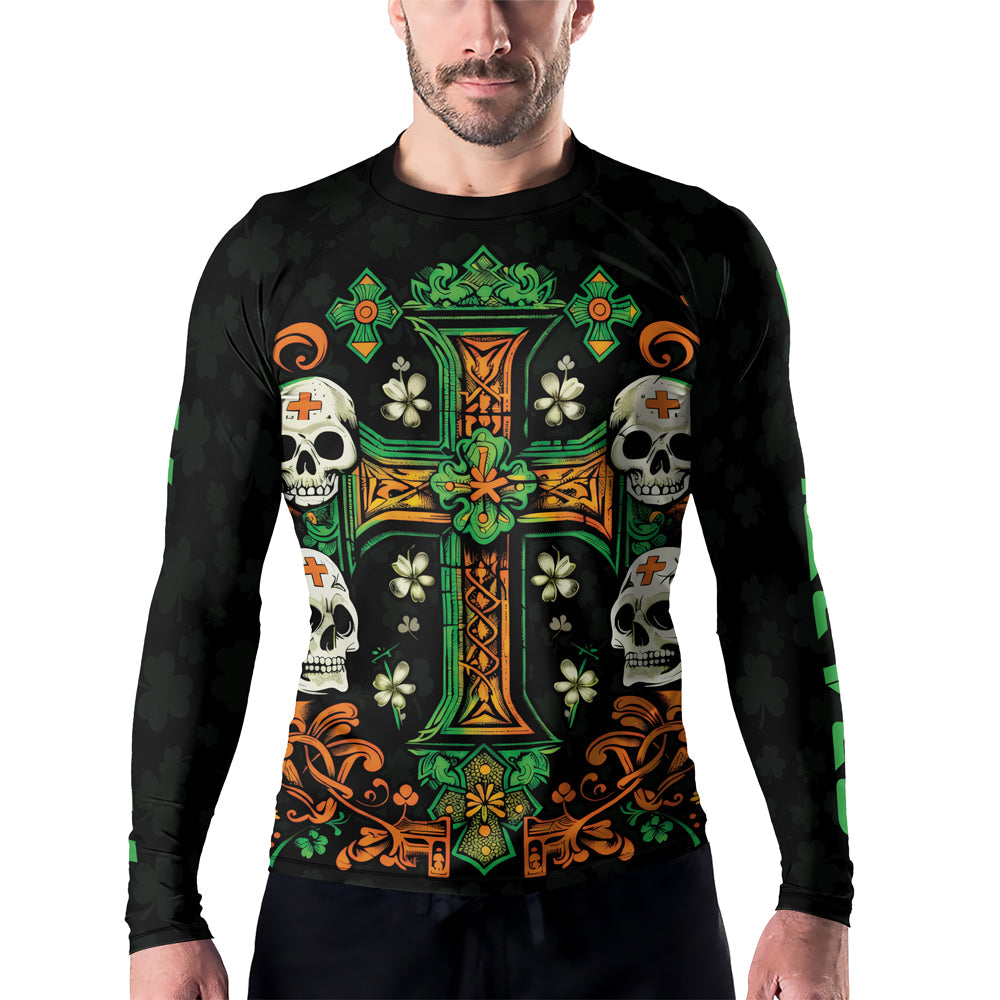 Rashninja Irish Skull Cross Shamrock Men's Long Sleeve Rash Guard