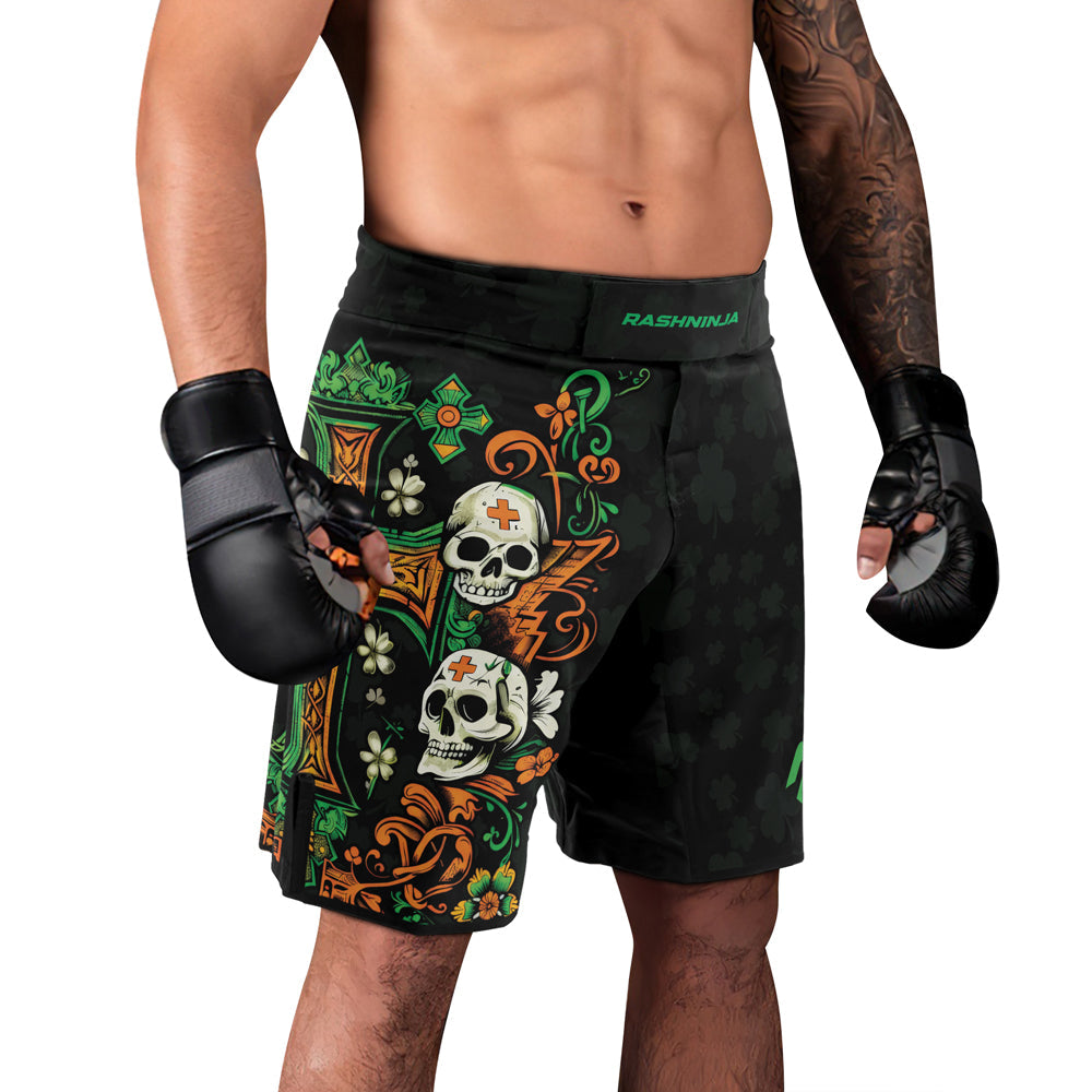 Rashninja Irish Skull Cross Shamrock Men's Fight Shorts