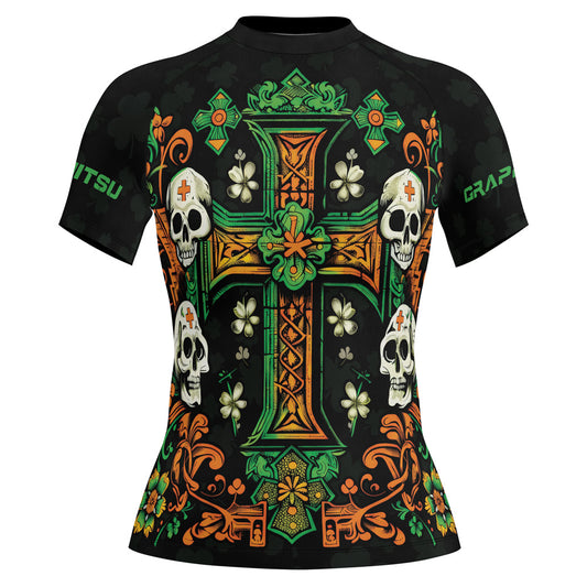 Rashninja Irish Skull Cross Shamrock Women's Short Sleeve Rash Guard