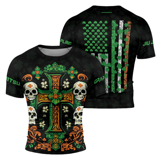 Rashninja Irish Skull Cross Shamrock Men's Short Sleeve Rash Guard