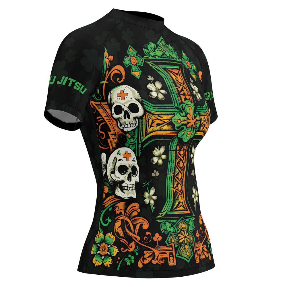 Rashninja Irish Skull Cross Shamrock Women's Short Sleeve Rash Guard