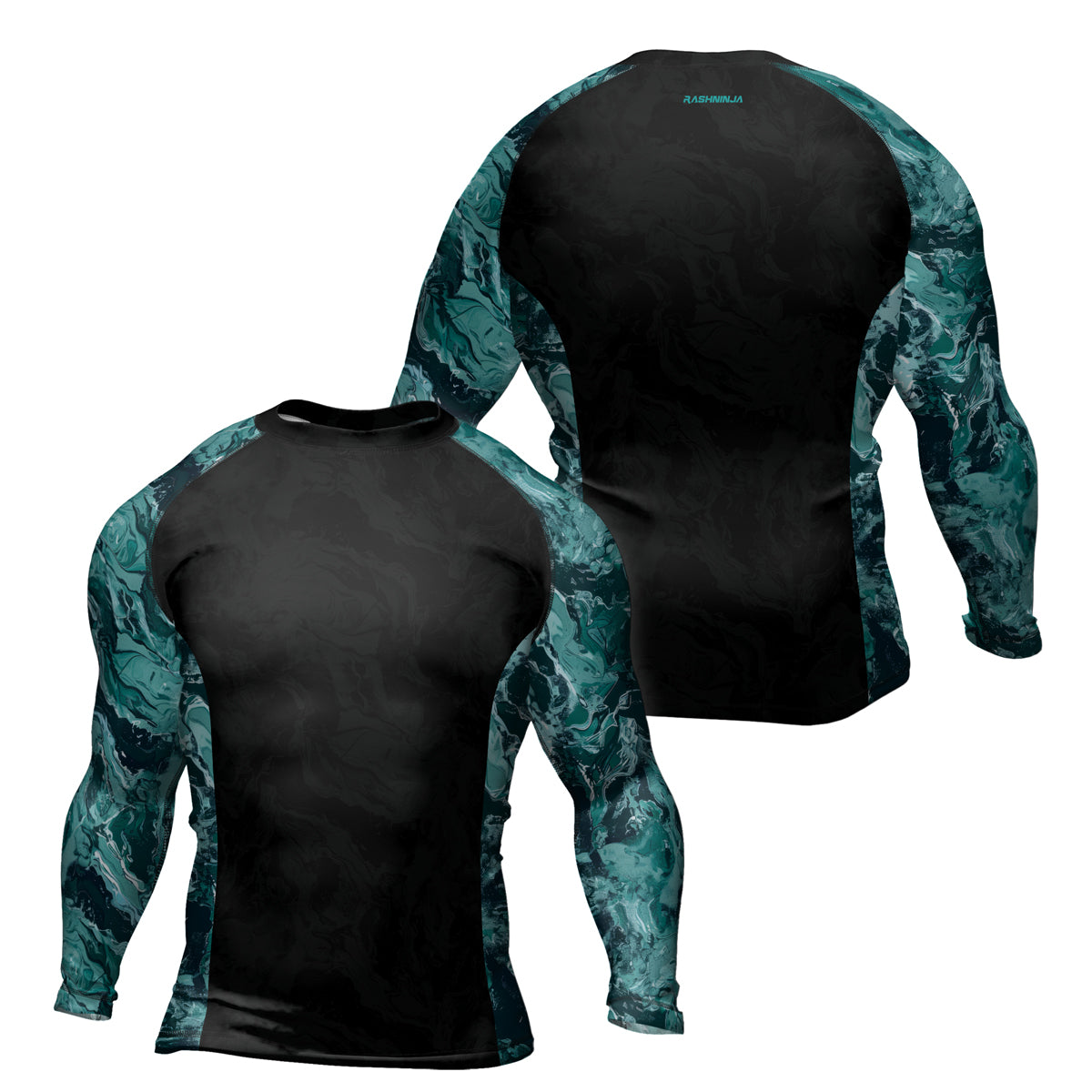 Turquoise Rash Guard Rashninja Cyber Storm Turquoise Marble Men's Long Sleeve Rash Guard