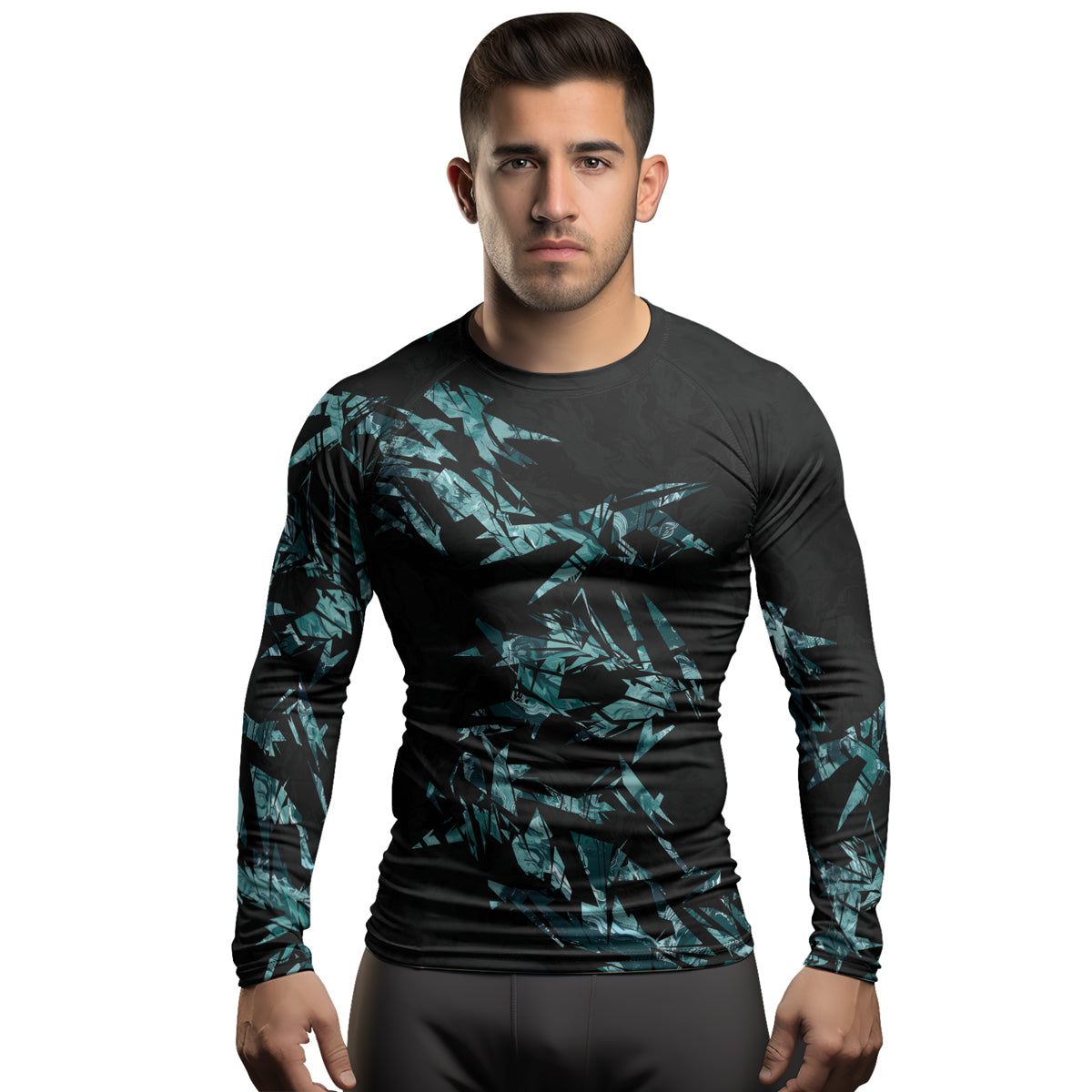 Turquoise Rash Guard Rashninja Cyber Storm Turquoise Marble Men's Long Sleeve Rash Guard