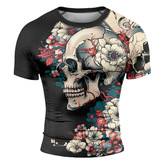 Rashninja Halloween Skull Blossom Men's Short Sleeve Rash Guard