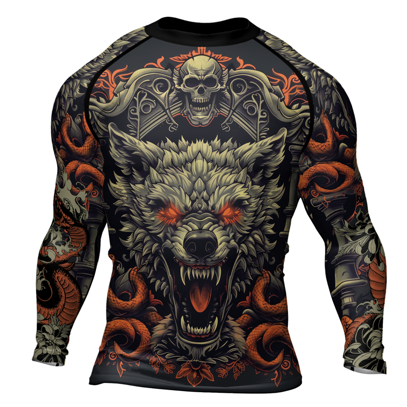 Rashninja Fanged Wolf with Skull Men's Long Sleeve Rash Guard