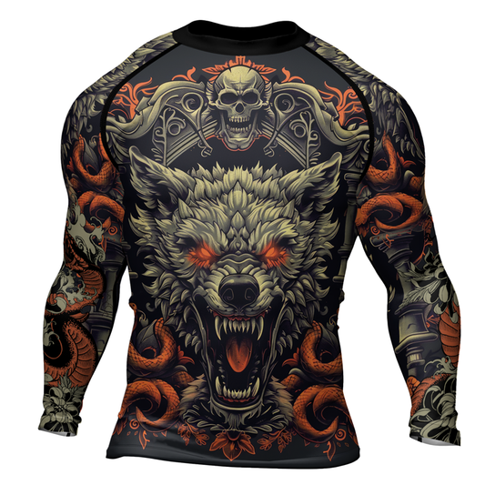 Rashninja Fanged Wolf with Skull Men's Long Sleeve Rash Guard
