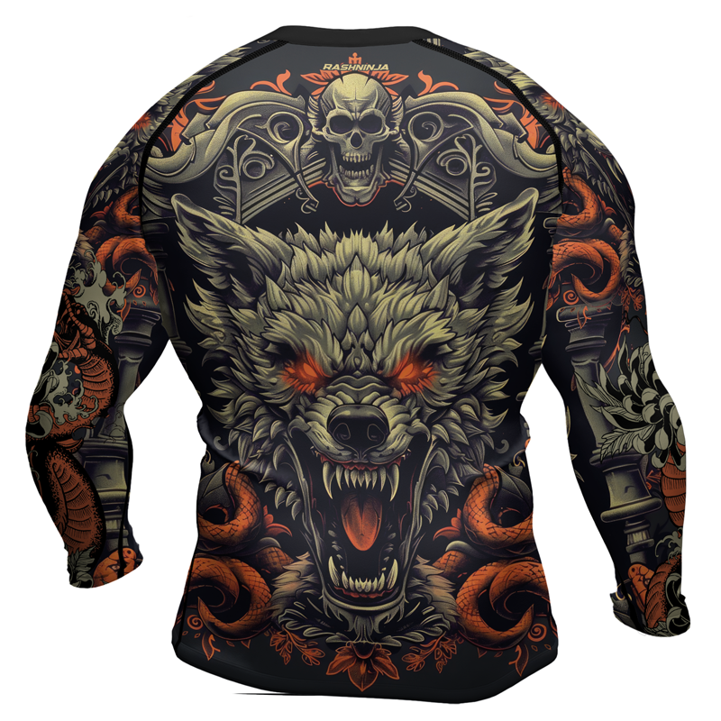 Rashninja Fanged Wolf with Skull Men's Long Sleeve Rash Guard