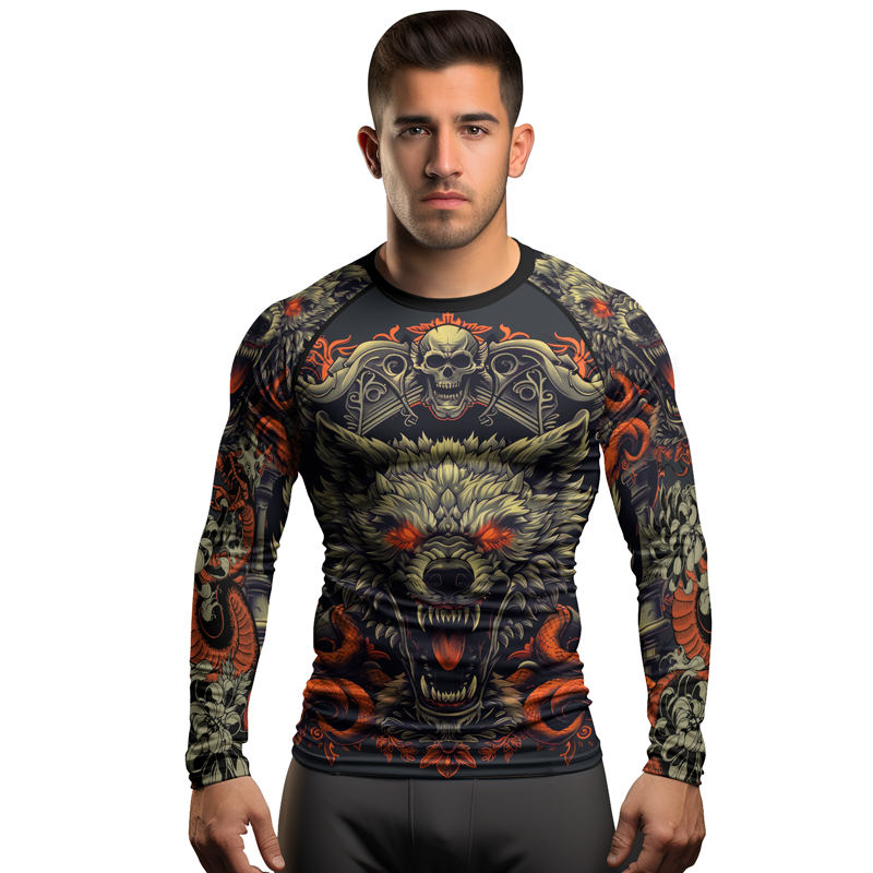 Rashninja Fanged Wolf with Skull Men's Long Sleeve Rash Guard