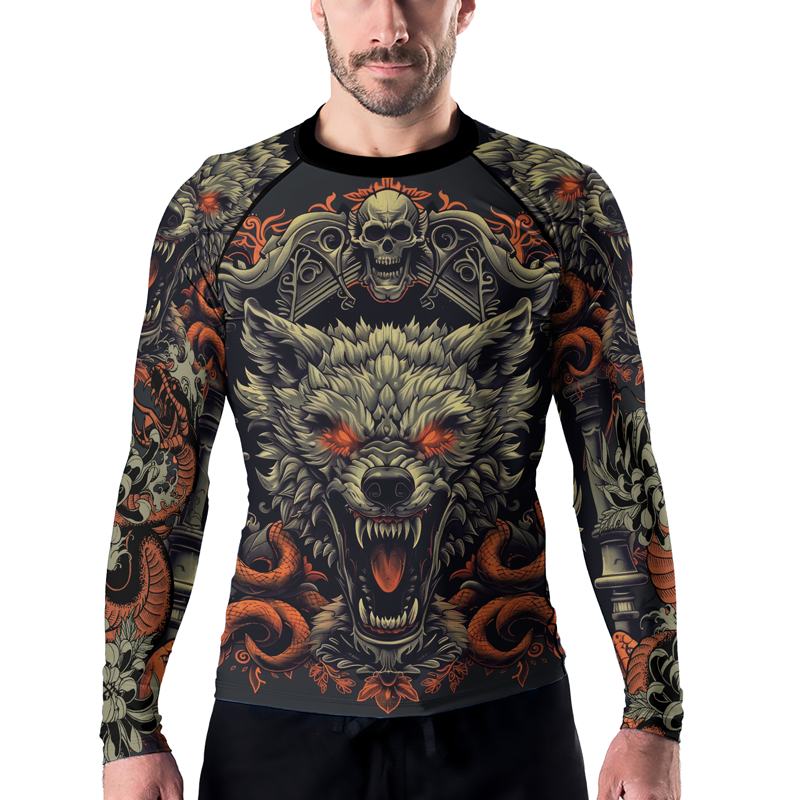 Rashninja Fanged Wolf with Skull Men's Long Sleeve Rash Guard