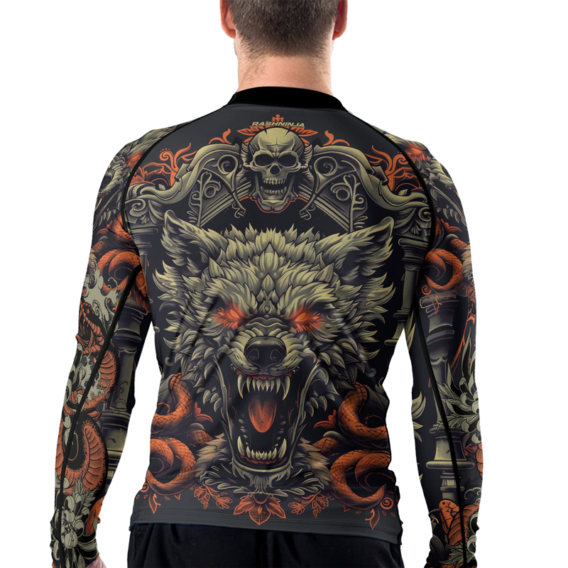 Rashninja Fanged Wolf with Skull Men's Long Sleeve Rash Guard