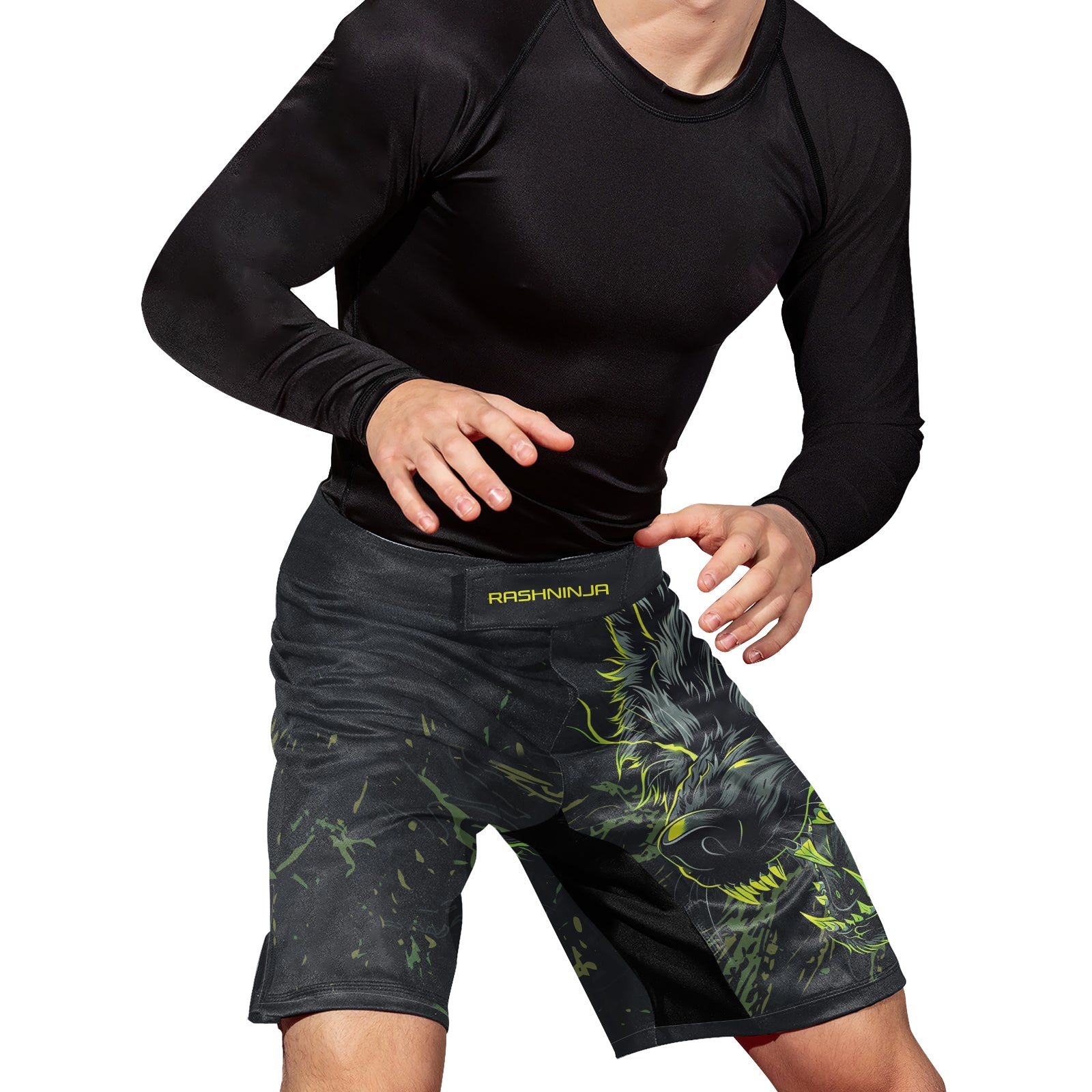 Rashninja Neon Snarling Wolf Men's Fight Shorts | Wolf MMA Shorts