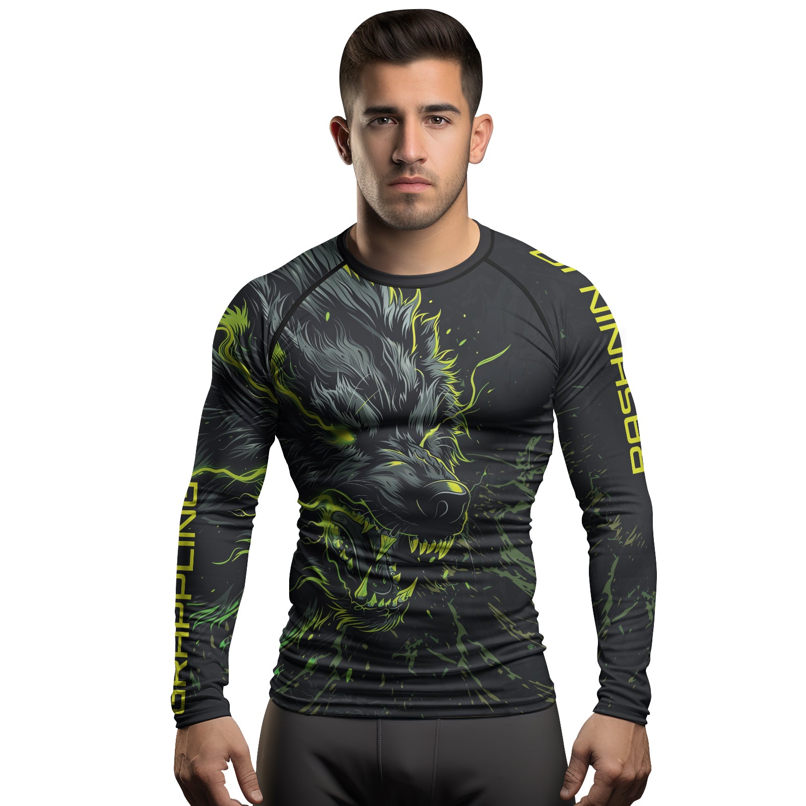 Rashninja Neon Snarling Wolf Men's Long Sleeve Rash Guard | Rash Guard