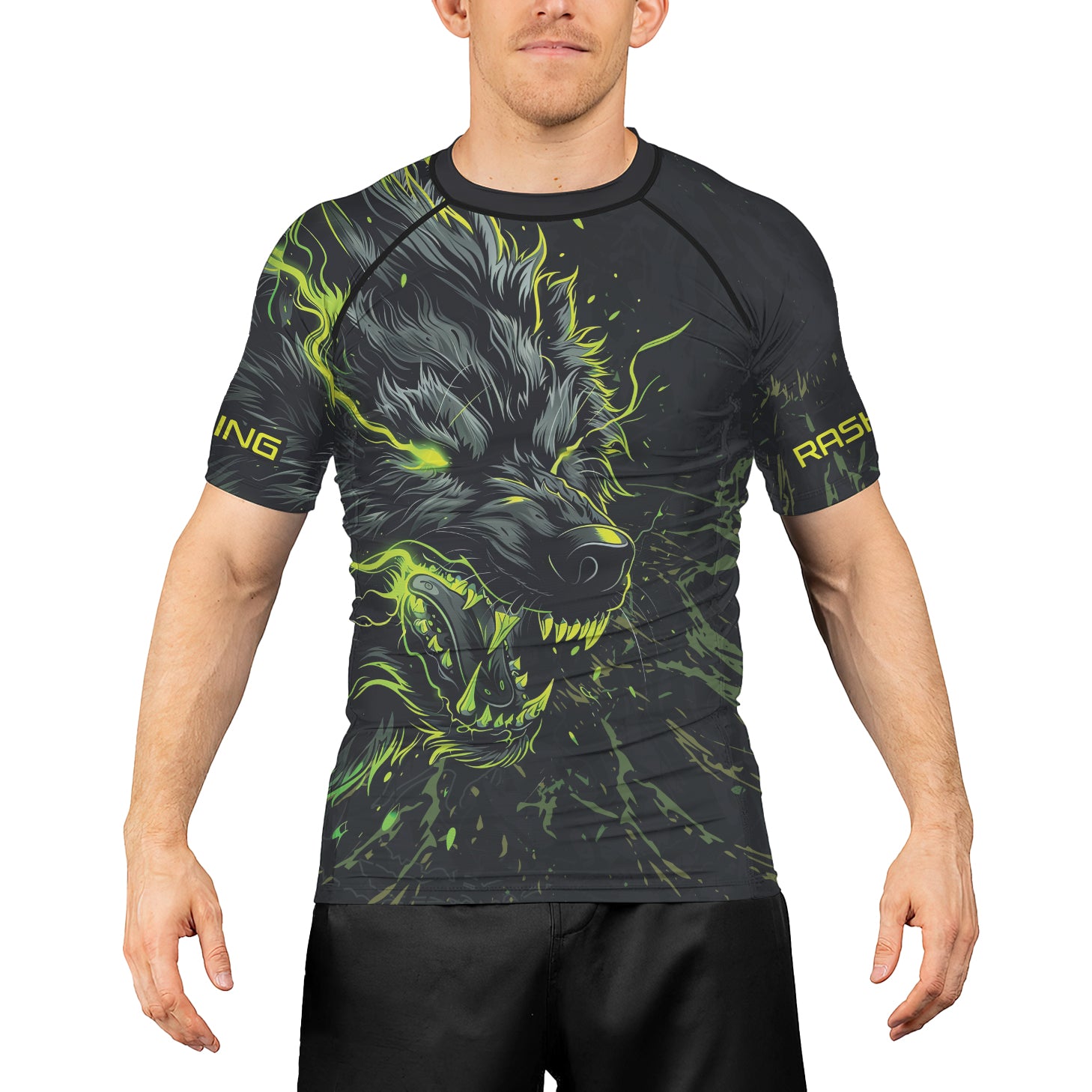 Rashninja Neon Snarling Wolf Men's Short Sleeve Rash Guard |Rash Guard
