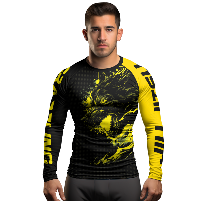 Rashninja Yellow Snarling Wolf Men's Long Sleeve Rash Guard