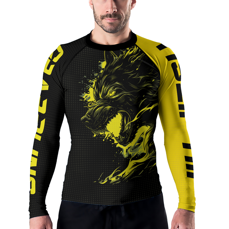 Rashninja Yellow Snarling Wolf Men's Long Sleeve Rash Guard
