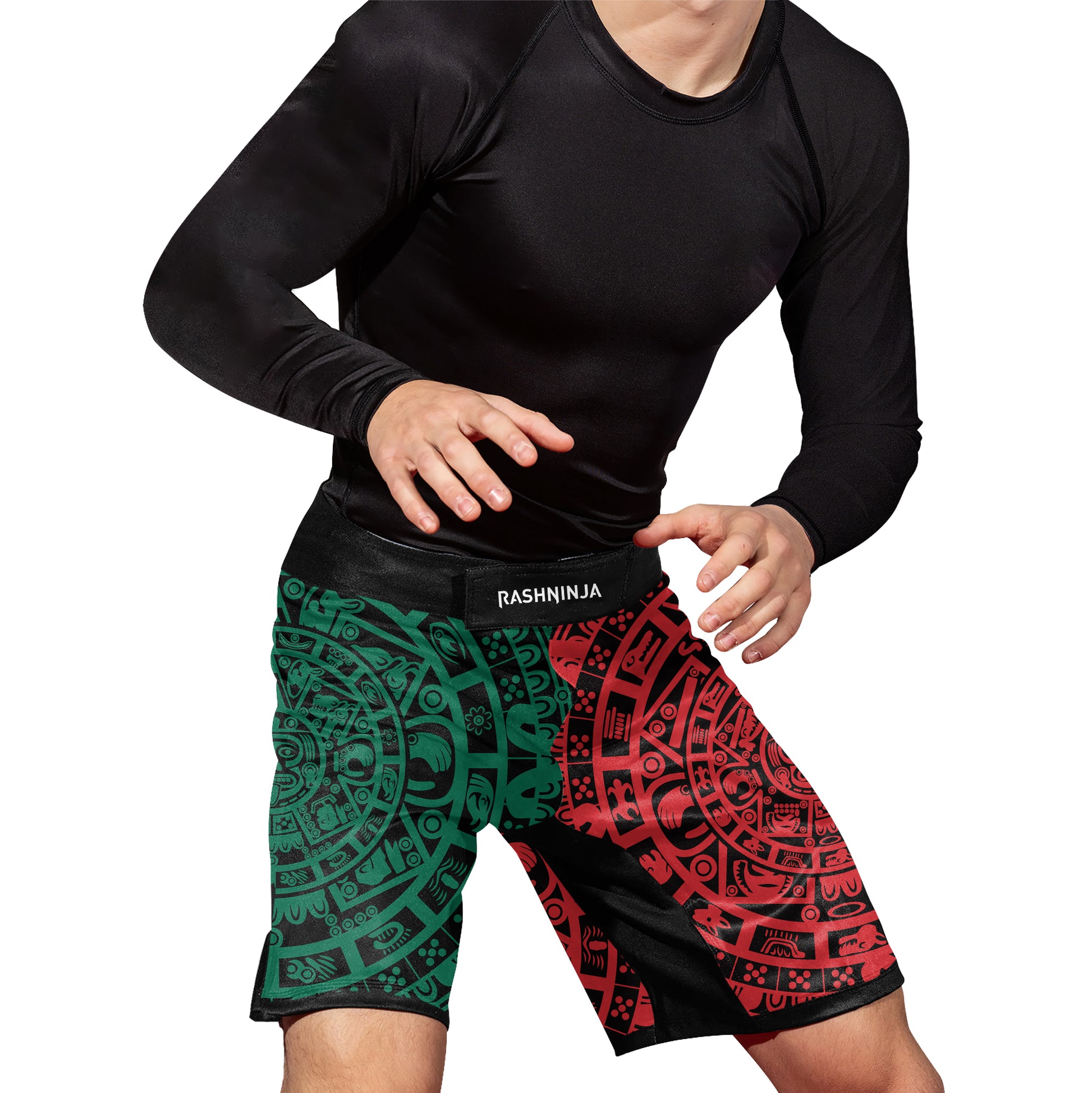 Rashninja Green And Red Aztec Calendar Men's Fight Shorts